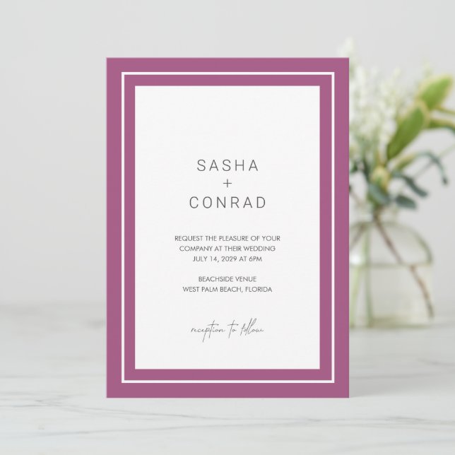 Invitation Bordure violet gras Mariage moderne (Debout devant)