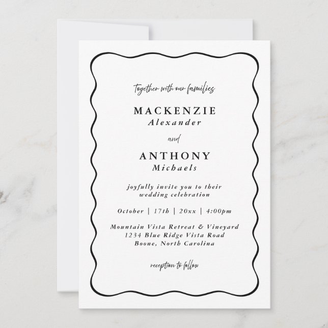 Invitation Bordure Wavy Noir Mariage manuscrit Tout en un (Devant)