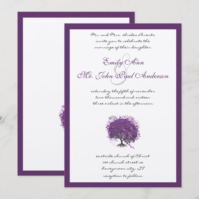 Invitation Bordures de l'arbre de feuilles de coeur pourpre (Devant / Derrière)