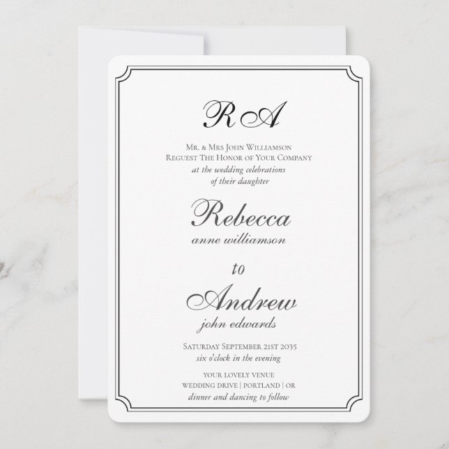 Invitation Bordures élégantes noir et blanc monogramme invita (Devant)