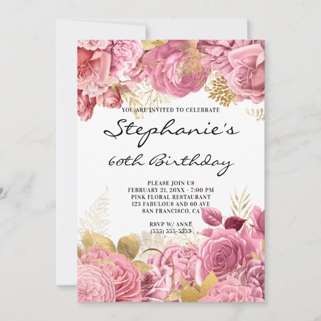 Invitation Bordures florales d'or et de rose 60e anniversaire (Devant)