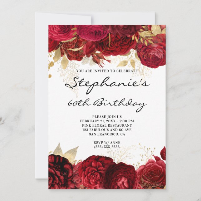 Invitation Bordures florales or et rouge 60e anniversaire (Devant)