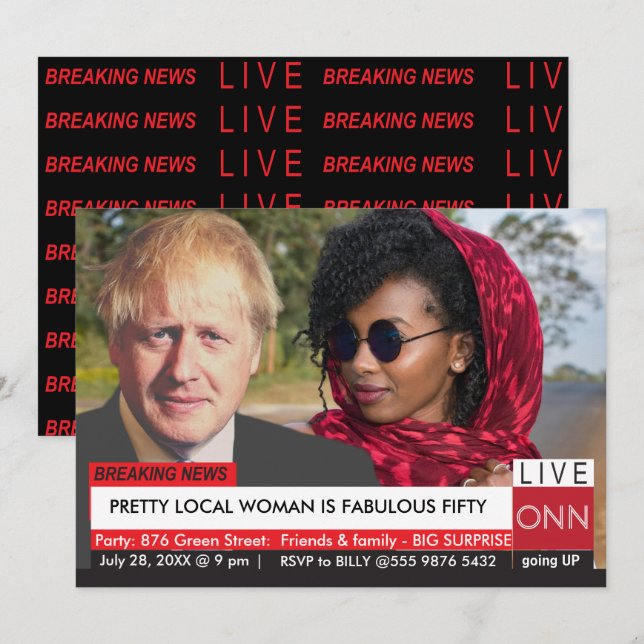 Invitation Boris Johnson Femmes 50e anniversaire Funny TV New (Devant / Derrière)