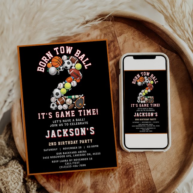 Invitation Born 2 Ball Sport Themed Boy 2nd Birthday Party (Born 2 Ball Sport Themed Boy 2nd Birthday Party Invitation)