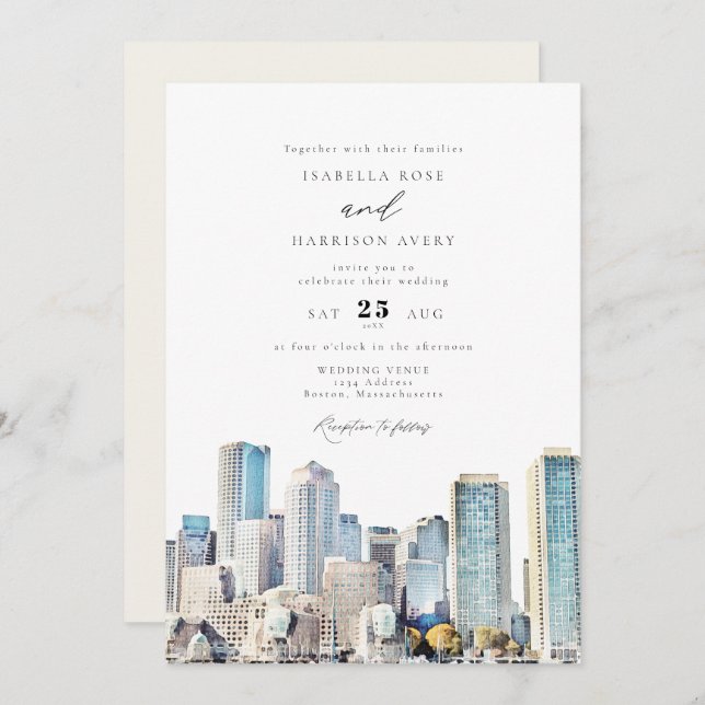 Invitation BOSTON Massachusetts Aquarelle Skyline Mariage dan (Devant / Derrière)