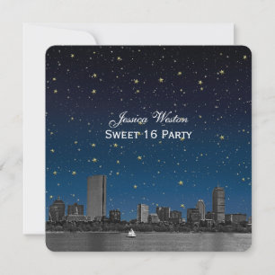Invitation Boston Skyline Blue Étoilé Gravé Sweet 16