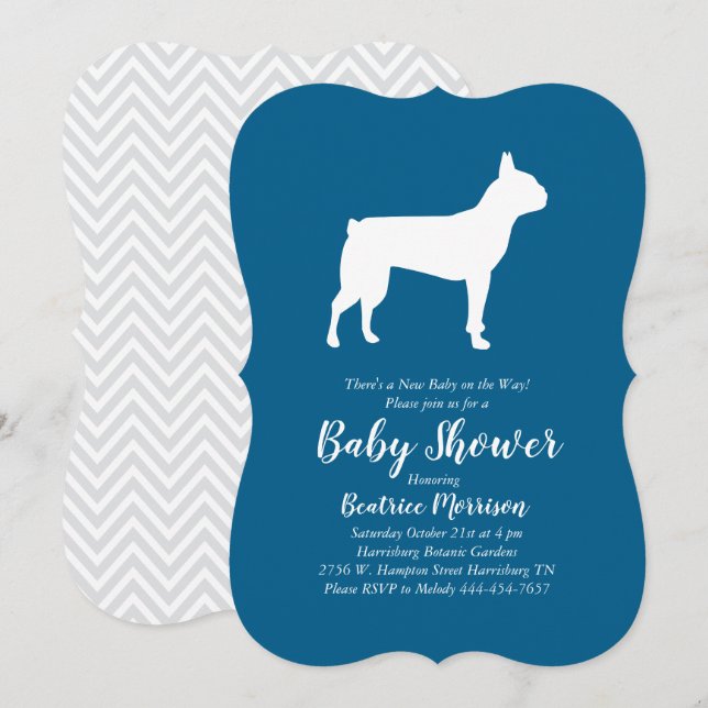 Invitation Boston Terrier Chien Baby shower Blue Boy (Devant / Derrière)