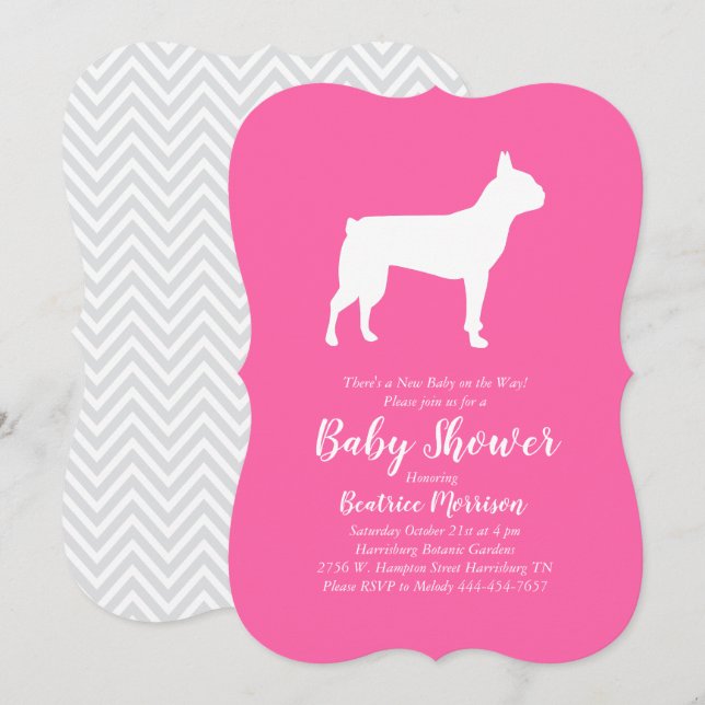 Invitation Boston Terrier Chien Baby shower fille rose (Devant / Derrière)