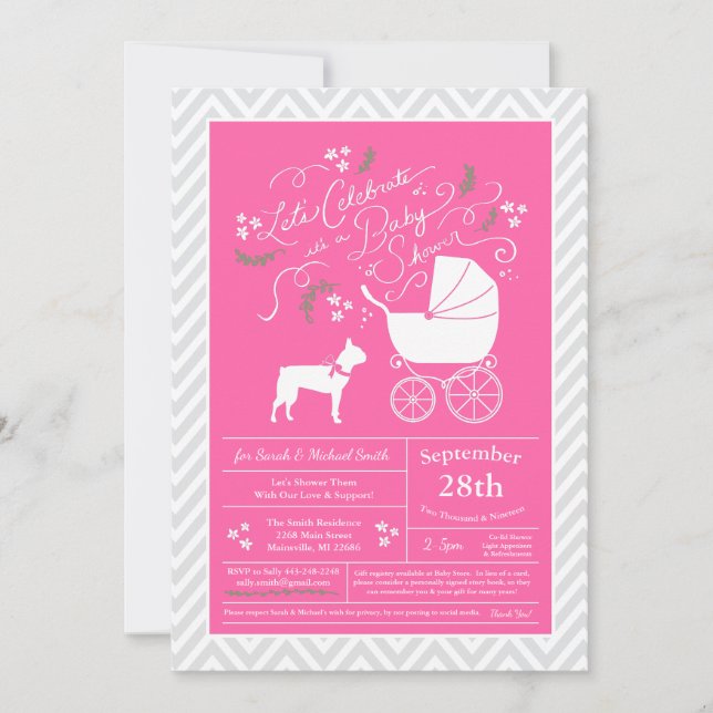 Invitation Boston Terrier Chien Baby shower fille rose (Devant)