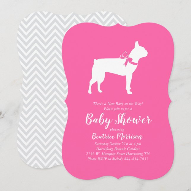 Invitation Boston Terrier Chien Baby shower fille rose (Devant / Derrière)