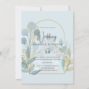 Invitation Botanica moderne; Aqua SeaGlass Gold Wedding Invit