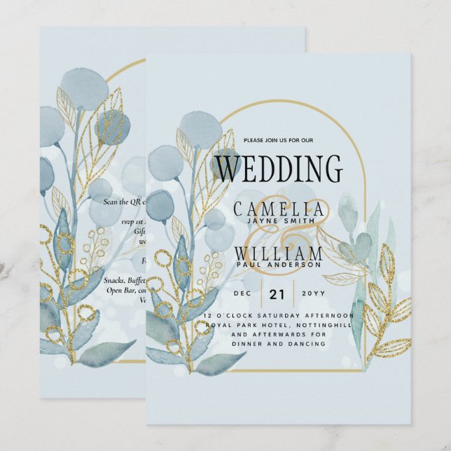 Invitation Botanica moderne; Aqua SeaGlass Gold Wedding Invit (Devant / Derrière)