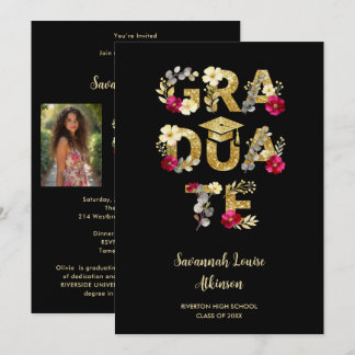 Invitation Botanical Black Gold Pink Floral 2 Photo Senior