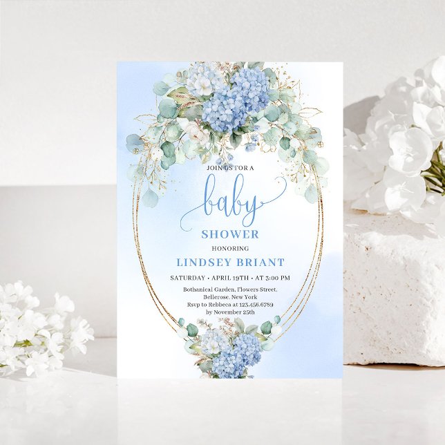 Invitation Botanical Blue Hydrangea Eucalyptus Baby Shower  (Botanical Blue Hydrangea Eucalyptus Baby Shower Invite)