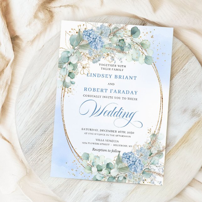 Invitation Botanical Blue Hydrangea Wheat Elegant Wedding  (Botanical Blue Hydrangea Wheat Elegant Wedding Invite)