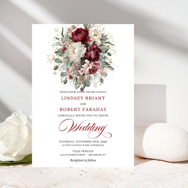 Invitation Botanical Burgundy and White Flowers Wedding Invit (Botanical Burgundy and White Flowers Wedding Invite)