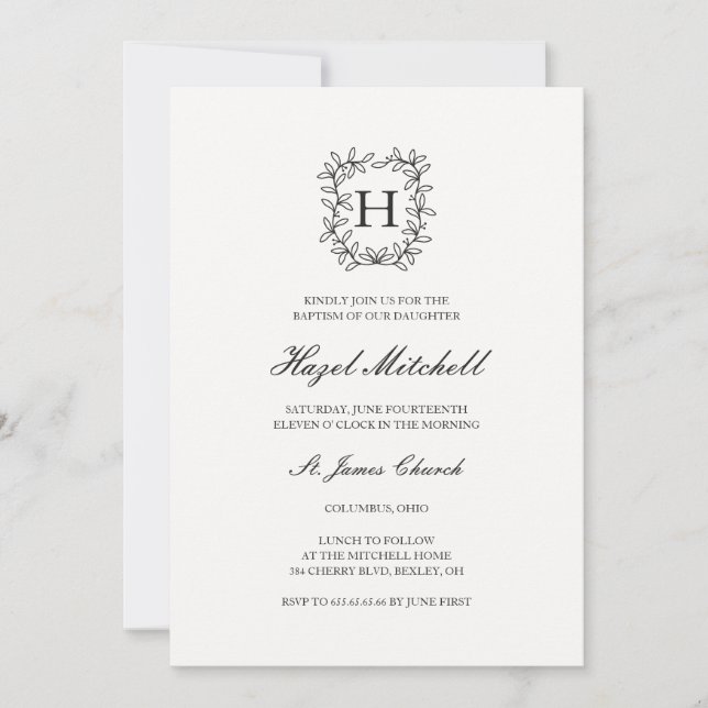 Invitation Botanical crest monogram christening baptism (Devant)