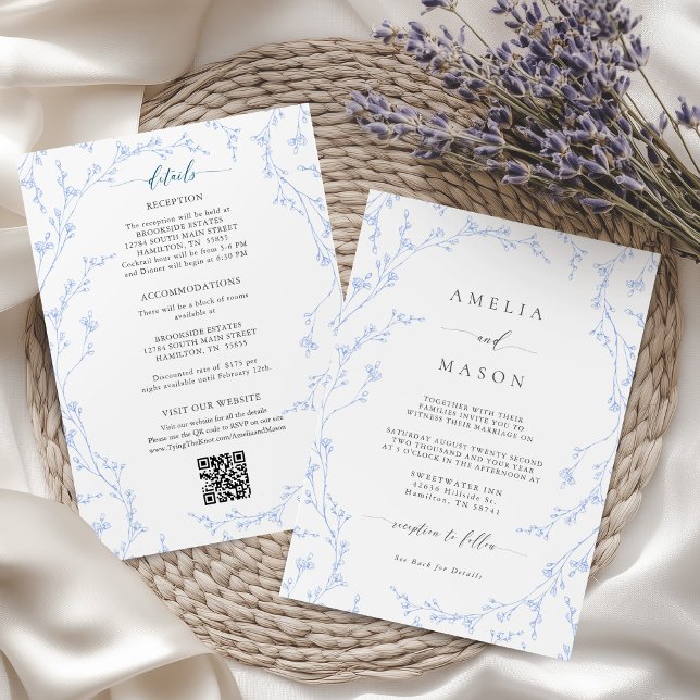Invitation Botanical Dusty Blue Floral All-In-One Wedding (Botanical Dusty Blue Floral All-In-One Wedding Invitation)