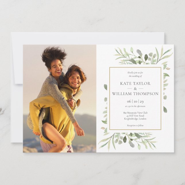 Invitation Botanical Green Feuille Photos Mariage (Devant)