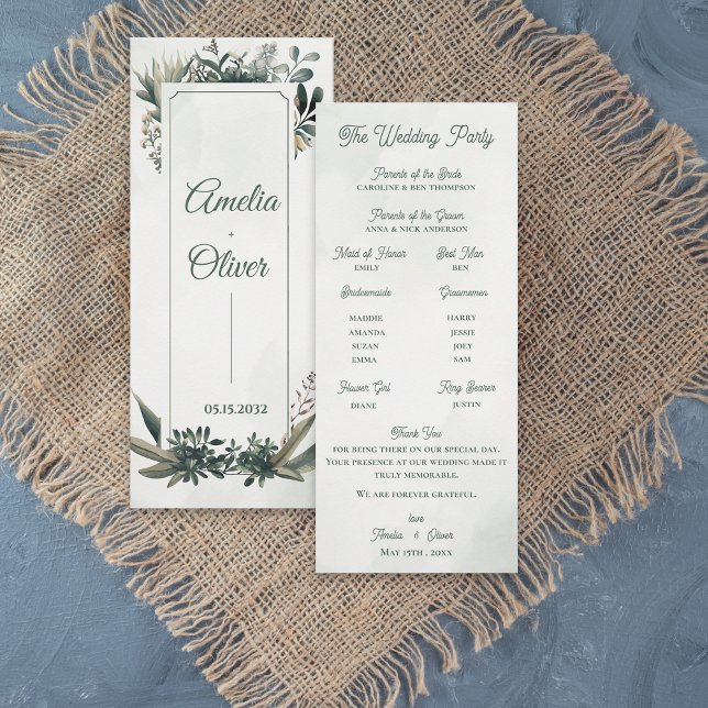 Invitation Botanical Greenery Wedding Ceremony Program Card  (Elegant Botanical Greenery Wedding Program Card | Sage Green Foliage Ceremony Program)