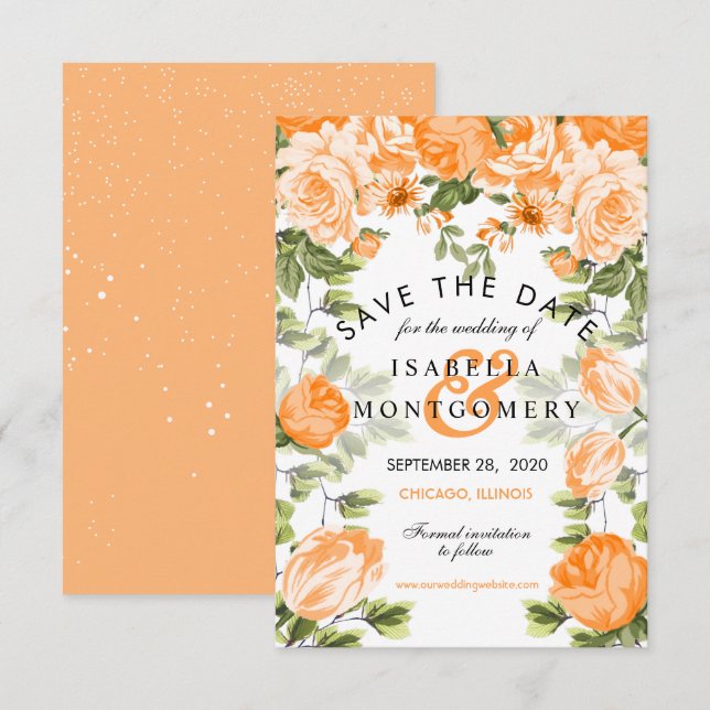 Invitation Botanical Orange Floral - Sauvez la date (Devant / Derrière)