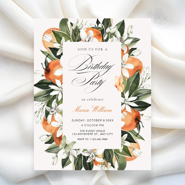Invitation Botanical orange leaves watercolor birthday  (Créateur téléchargé)