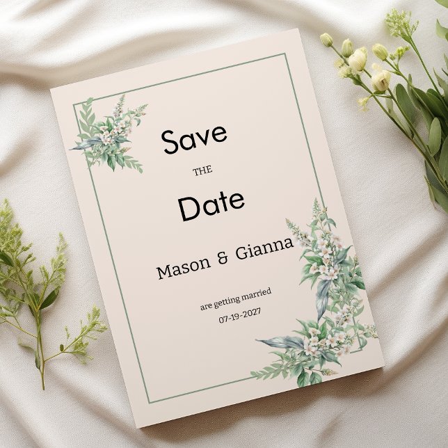 Invitation Botanical pink mint ivory floral Save the Date (Botanical pink mint ivory floral Save the Date)