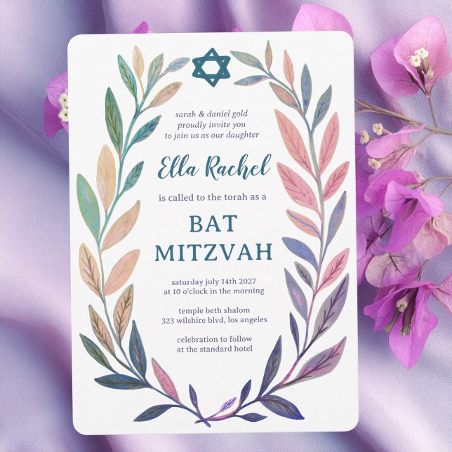Invitation Botanical Watercolor Star of David Bar Bat Mitzvah (Botanical Watercolor Star of David Bar Bat Mitzvah Invitation
Purple Pink Vines)