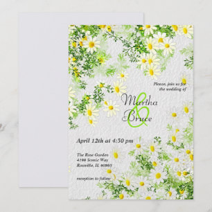 Invitation Botanique avec feuille et marguerites blanches inv