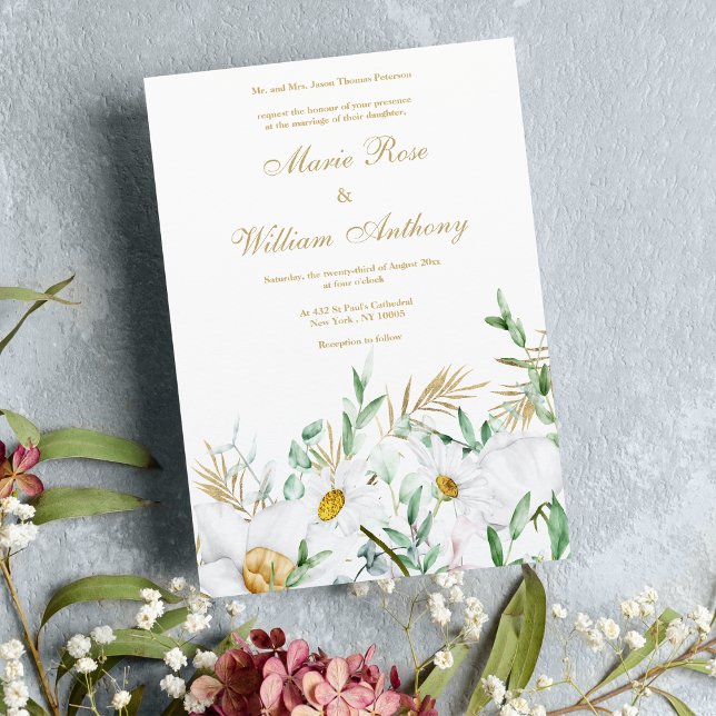 Invitation Botanique blanc menthe marguerite Mariage (Botanical white gold mint daisies floral Wedding )