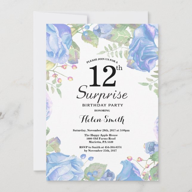 Invitation Botanique Blue Floral Surprise 12e anniversaire (Devant)