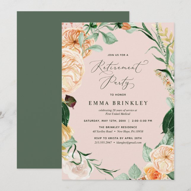 Invitation Botanique Boho Blush Pink Pastel Parti de retraite (Devant / Derrière)