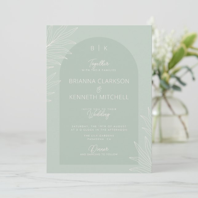 Invitation Botanique Boho Sage Green avec Mariage photo Arch (Debout devant)