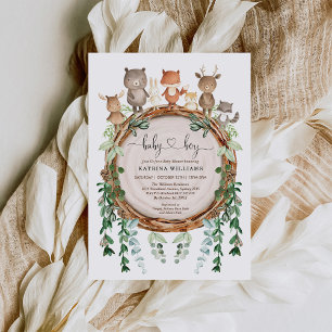 Invitation Botanique Bois Animaux Baby shower verdoyant