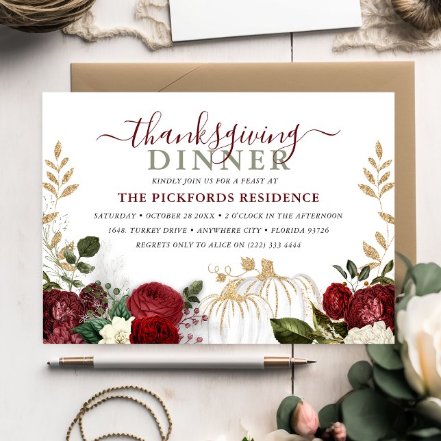 Invitation Botanique Bourgogne Floral Citrouille Thanksgiving (Créateur téléchargé)