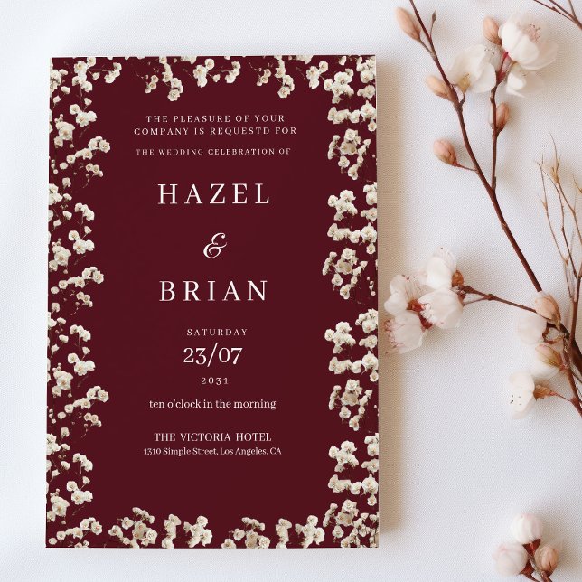 Invitation Botanique Bourgogne ivoire gypsophila Mariage flor (Botanical Burgundy ivory gypsophila floral Wedding )