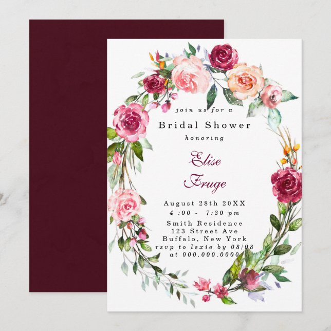 Invitation Botanique Bourgogne rose Fête des mariées florale  (Devant / Derrière)