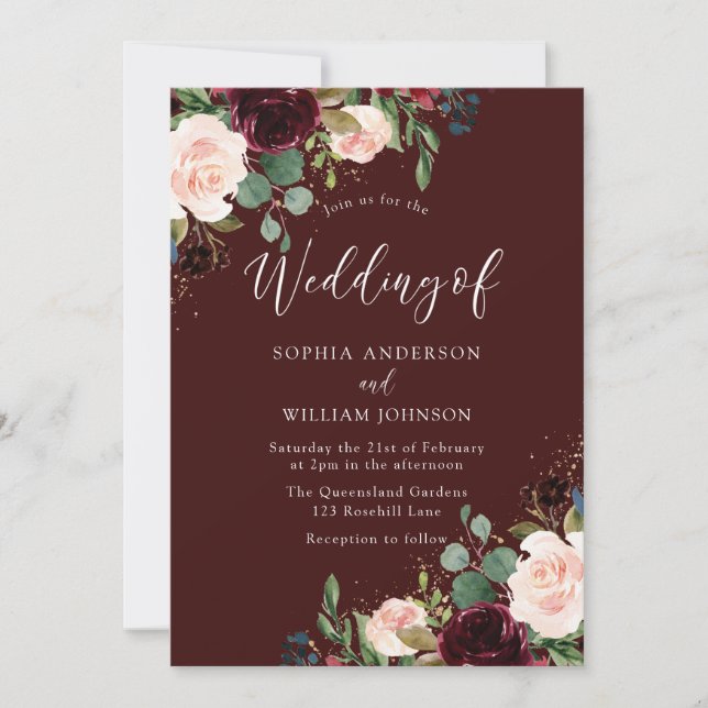 Invitation Botanique Bourgogne Vin rouge et Mariage floral (Devant)