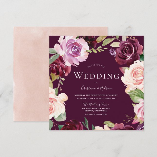 Invitation Botanique Burgundy Blush Watercolor Mariage (Devant / Derrière)