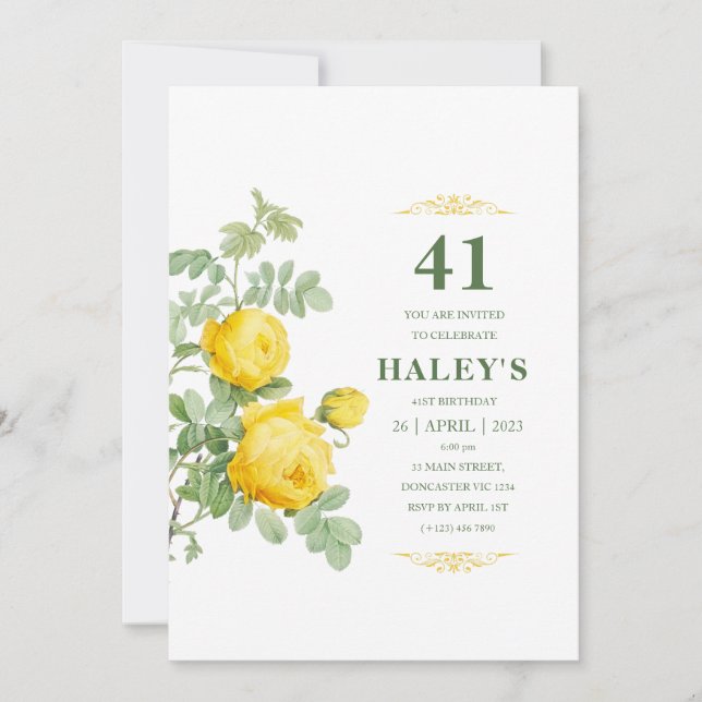 Invitation Botanique Chic Jaune & Vert Floral 41e anniversair (Devant)
