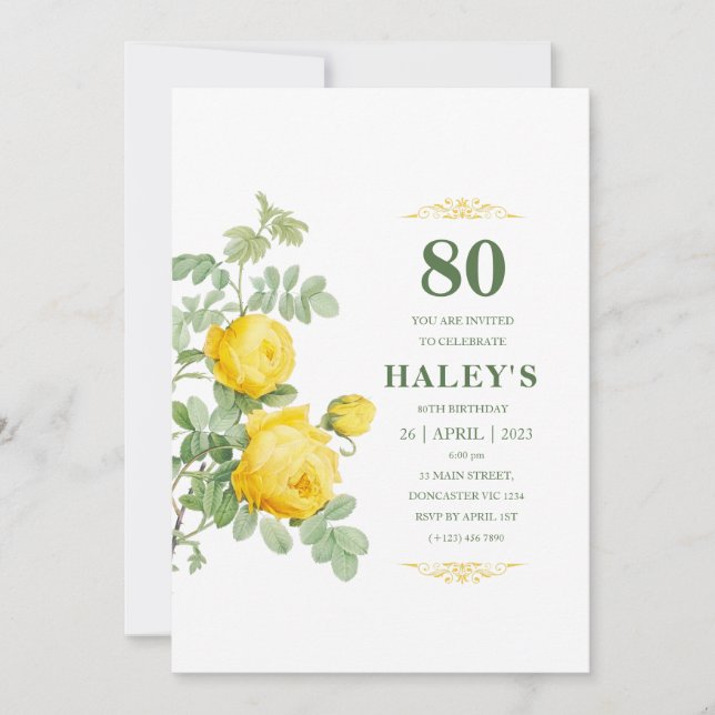 Invitation Botanique Chic Jaune & Vert Floral 80e anniversair (Devant)