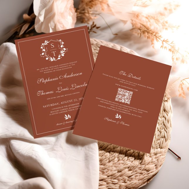 Invitation Botanique Crest Terracotta Mariage QR Code (Créateur téléchargé)