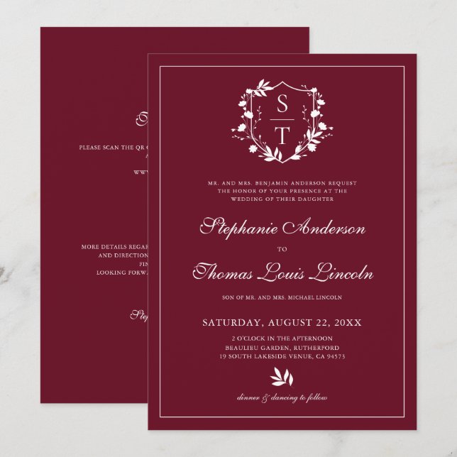 Invitation Botanique Crête Bourgogne Mariage QR Code (Devant / Derrière)