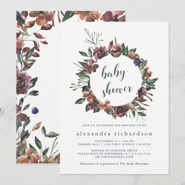 Invitation Botanique de Sienna| Baby shower d'aquarelle Wreat (Devant / Derrière)