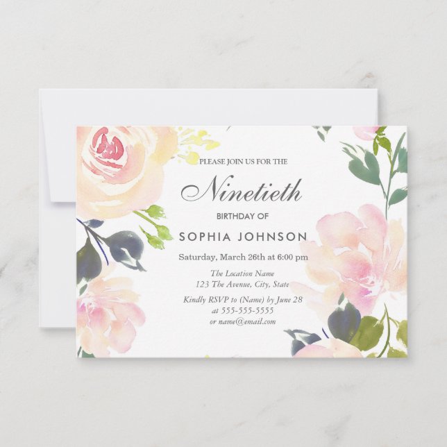 Invitation Botanique Élégant Floral 90e anniversaire Invitati (Devant)