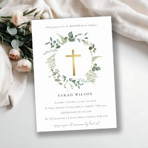 Invitation Botanique Eucalyptus Gold Cross Wreath Baptisme