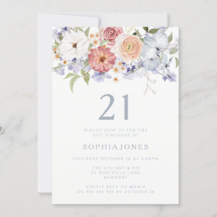 Invitation Botanique Floral Dusty Bleu 21e fête d'anniversair