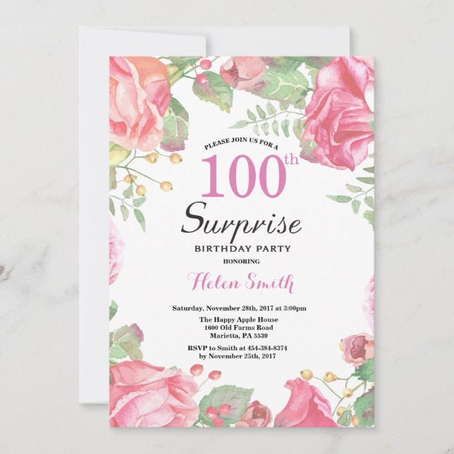 Invitation Botanique Floral Surprise 100e anniversaire (Devant)
