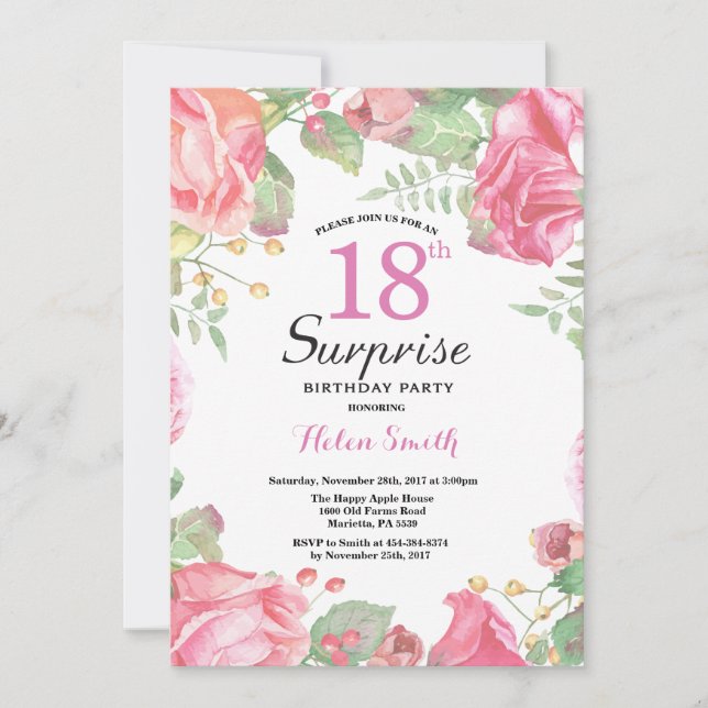 Invitation Botanique Floral Surprise 18e anniversaire Invitat (Devant)