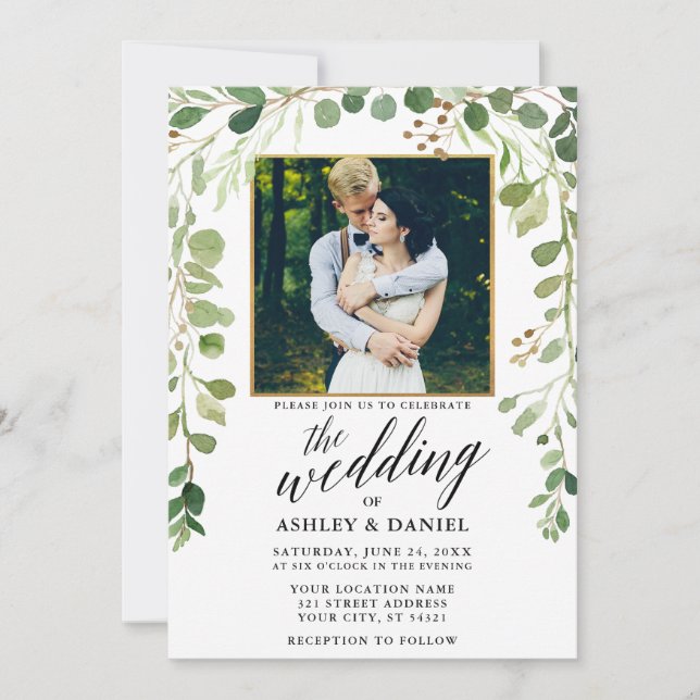 Invitation Botanique Green Calligraphy Gold Frame Mariage (Devant)